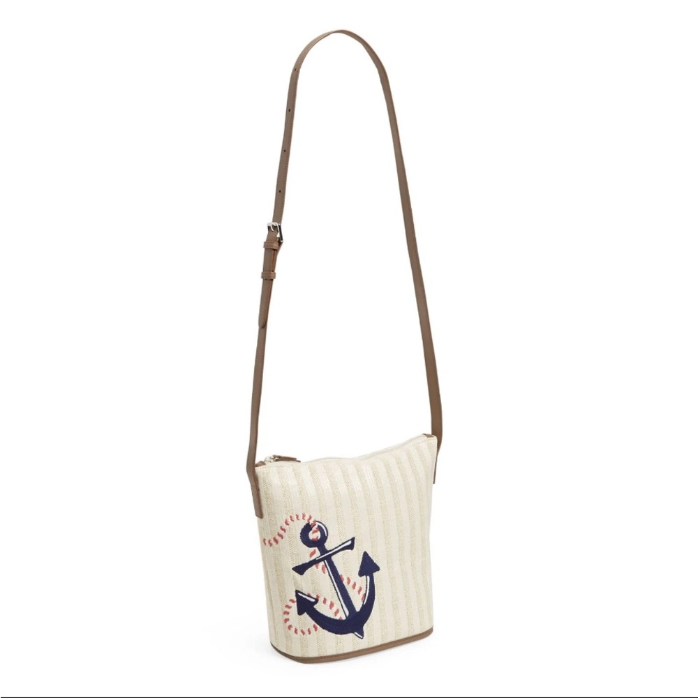 Vera Bradley Straw Bucket Crossbody Purse, Regatta Anchor Navy, One Size NWT - Picture 2 of 5